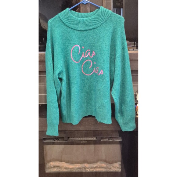 A New Day Womens Ciao Ciao Sequin Graphic Mock Neck Sweater Teal Green XL New - Picture 2 of 11
